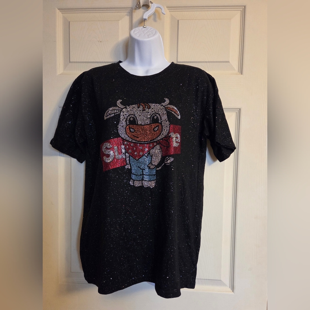 J&Y Black Sparkly T-Shirt with Cartoon Cow Design Size Large*